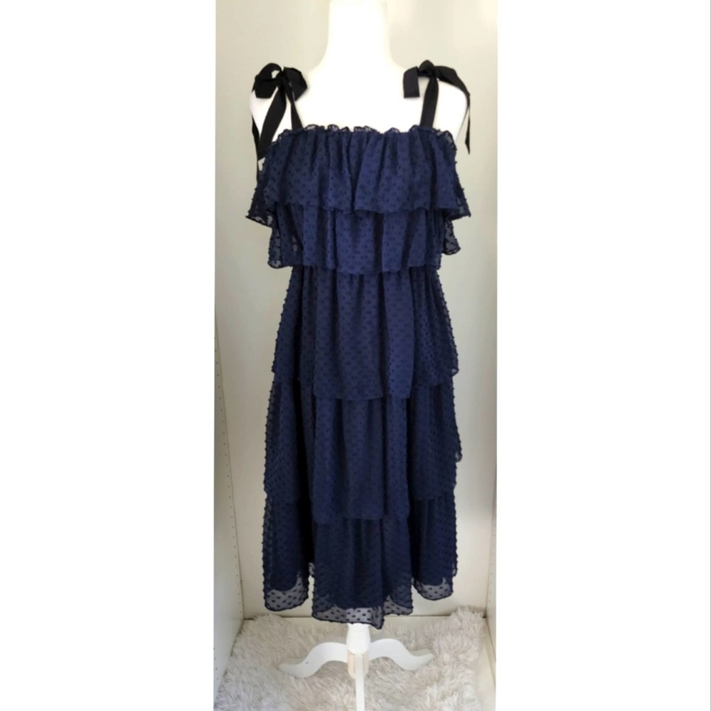 J. Crew Navy Tiered Midi Dress with Black Tie Straps